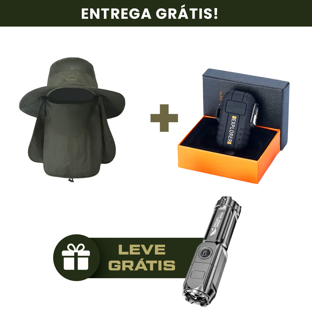 CONJUNTO CHAPÉU OUTDOOR + ISQUEIRO MILITAR EXPLORER® [GRÁTIS LANTERNA TÁTICA SHARK]